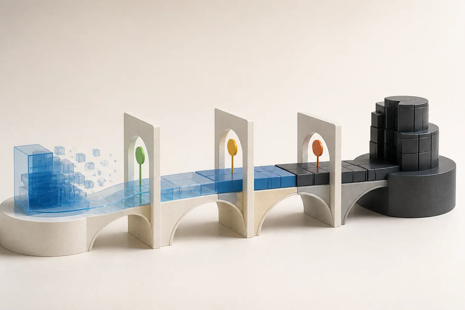 A translucent prototype crossing three checkpoints into a robust production system