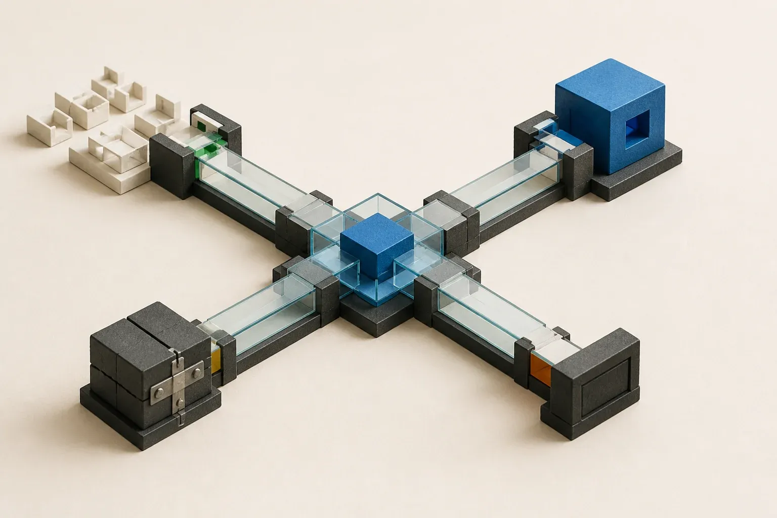 A four-way junction of modular systems representing build, buy, rescue, and stop