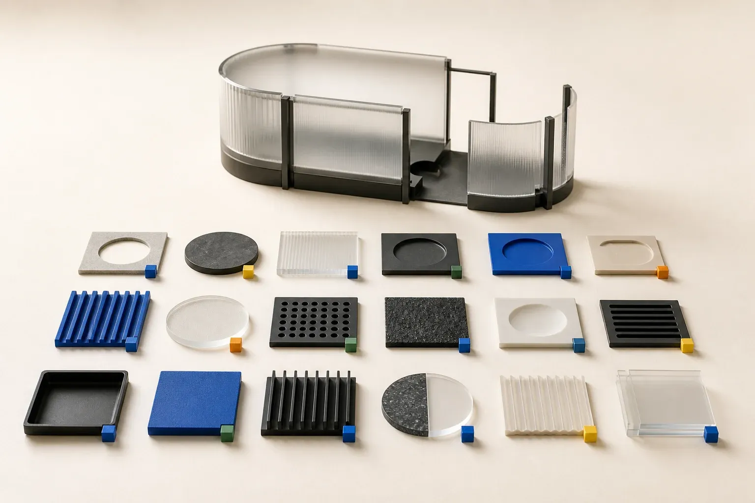Varied test-case tiles arranged before an unfinished translucent prototype