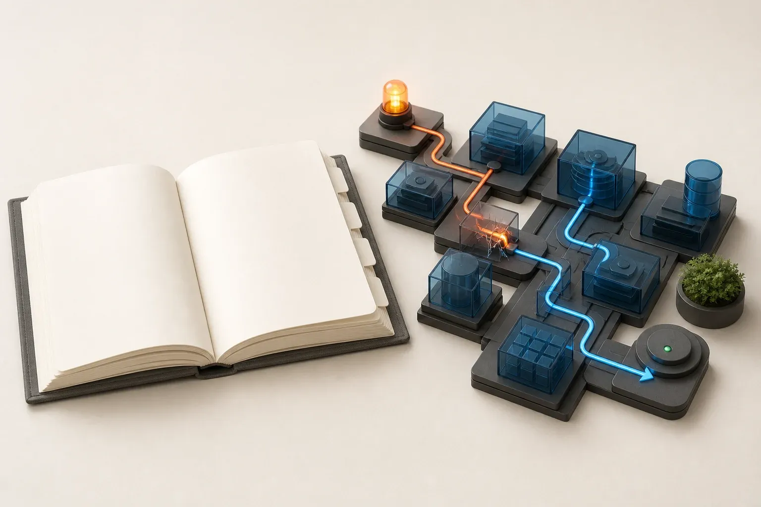 An open operational manual beside an AI service with traced failure and recovery paths