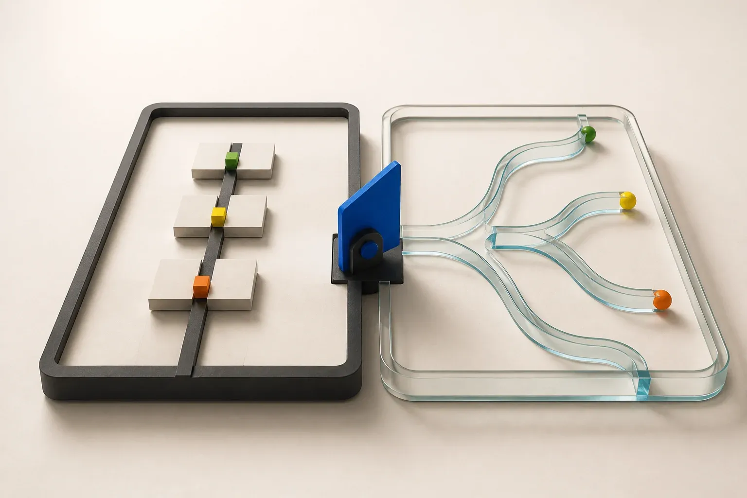Fixed workflow rails and a branching agent path connected through a control gate